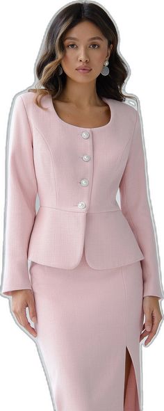 Feminine Fitted Skirt Suit With Long Sleeves, Feminine Fitted Long Sleeve Skirt Suit, Chic Fitted Pink Skirt Suit, Fitted Skirt Suit With Buttons For Office, Pink Long Sleeve Skirt Suit For Work, Chic Pink Skirt Suit For Formal Occasions, Chic Pink Skirt Suit For Formal Events, Chic Pink Long-sleeve Skirt Suit, Chic Pink Skirt Suit For Office