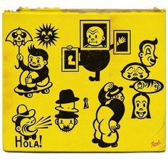 an old yellow box with black and white pictures on the front, featuring cartoon characters