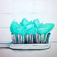 a drawing of a toothbrush with blue bristles on it's head and two green leaves sticking out of the brush