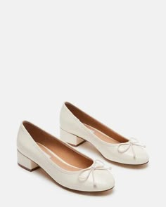 CHERISH Bone Patent Slip-On Heels | Women's Heels – Steve Madden Cute Pump Shoes, Low Heel Formal Shoes, Ballet Flat Heels, White Cute Shoes, Classy Shoes Women, Classy Shoes Flats, Cute Dress Shoes, Timeless Heels, Womens Formal Shoes