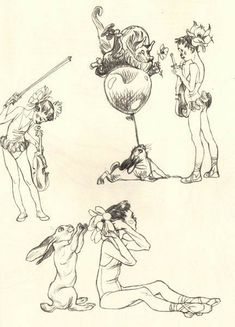 some drawings of people and animals in different poses