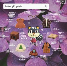 a purple flower with pictures of clothing and accessories on it's front cover that says, bizarre gift guide