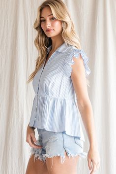 The Plum Top is a striped print top with an open collared neck and ruffled cap sleeves. Spring Striped V-neck Shirt, Striped Collared Blouse For Spring, Summer Ruffled Collared Tops, Summer Collared Ruffled Tops, Summer Collared Ruffle Tops, Striped Ruffled Blouse For Summer, Striped Ruffle Blouse For Summer, Collared Ruffle Tops For Summer, Summer Vertical Stripes Collared Top