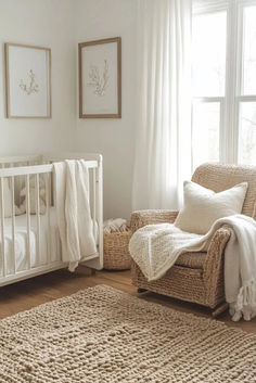 a baby's room with a crib, chair and rug