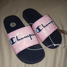 These Are New, With Tags Attached! They're In Perfect Condition! Size 7 And Fit True! No Damages! Super Soft And Comfy! Price Is Firm Unless Bundled. Smoke Free, Pet Friendly Home (Dogs) I Ship Same Or Next Business Day! Champion Slides, Spring Shoes Women, Champion Shoes, Pink Slides, Image Moto, Blue Logo, Womens Slides, Slipper Sandals, Cute Sandals