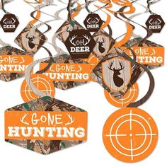 an assortment of hunting related items are arranged in the shape of hexagons