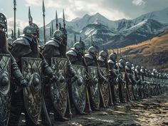 a row of knights standing next to each other in front of snow covered mountain tops