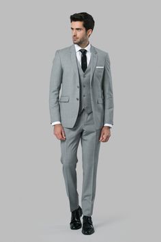 Grey 3 Piece Suit | Medium Grey Suit | Custom Suit Rentals Gray Tuxedo Blazer With Notch Lapel, Tailored Gray Suit For Formal Occasions, Gray Notch Lapel Tuxedo For Semi-formal Events, Gray Notch Lapel Tuxedo For Semi-formal Occasions, Semi-formal Gray Tuxedo With Notch Lapel, Gray Notch Lapel Suit For Business Casual, Gray Notch Lapel Suits For Formal Occasions, Gray Tailored Three-piece Suit For Office, Gray Notch Lapel Tuxedo