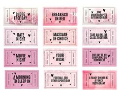 six pink and white movie tickets with the words,'one day, one night, two