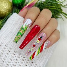 Tacky Christmas Nails, Christmas Nails With Rhinestones, Crazy Christmas Nails, Fall Long Nails, Grinch Nails, New Years Eve Nails, Red Christmas Nails