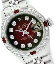 Rolex Datejust 6917 Stainless Steel Red Vignette Dial Ruby & Diamond 26mm Womens Watch Emerald Watch, Used Rolex, Buy Rolex, Rolex Watches Women, Rolex Women, Oyster Perpetual Datejust, Green Watch, Luxury Watch Brands, Used Watches