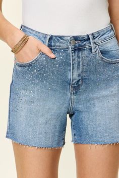 Rhinestone High Rise Tummy Control Denim Shorts Frayed Cut-Off Leg Jean Judy Blue Whether you're dressing up for a casual day out or engaging in leisure activities, these shorts will keep you feeling fashionable all day long.Features a sparkling rhinestone encrusted front and back.Retro high-waist with tummy control technology, elongates the silhouette preventing muffin top.Mid-length provides ample leg coverage, allowing you to show off your legs but still keep it classy while the cut-off raw f Rhinestone Decorations, High Waist Denim Shorts, High Waist Denim, Embellished Denim, Rhinestone Embellishments, Rhinestone Decor, Denim Material, Blue Denim Shorts, Swimwear Cover Ups