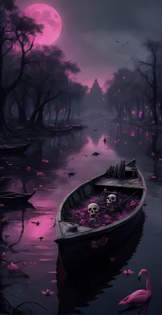 a boat with skulls in it floating on the water