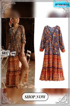 New Cotton Print Women's V-neck Hollow Long Dress V-neck Boho Print Dresses For Fall, Bohemian V-neck Dress For Fall Vacation, Fall Floral Print V-neck Boho Dress, Fall Boho V-neck Dress With Floral Print, Fall Vacation V-neck Dress, Fall Boho Floral Print V-neck Dress, Blue V-neck Boho Dress For Fall, Fall Blue V-neck Boho Dress, Multicolor V-neck Boho Dress For Fall