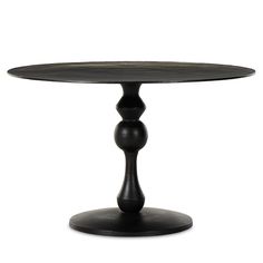 a round table with black wood top and two circular bases on an oval base, against a white background