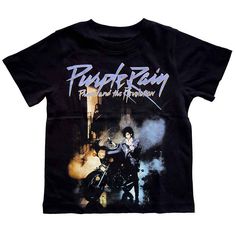 An official licensed Prince Kids Toddler Tee featuring the 'Purple Rain' design motif. This high quality tshirt design is available in the black colourway. Soft-style cotton toddler's tee featuring short sleeves and crew neck collar. Rain Baby, Prince Purple, Rain Design, Prince Purple Rain, Band Merchandise, Short Styles, Screen Printing Designs, Toddler Tees, Purple Rain