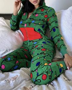 Olivia Mark - Fluffy Christmas Lantern Sleeve Lounge Jumpsuit Lounge Jumpsuit, Night Pajama, Christmas Pj, Christmas Lantern, Christmas Tree Star, Chic Type, Green Jumpsuit, Christmas Lanterns, Chic Christmas