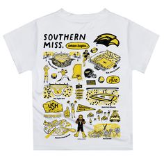 Let your kiddo look cool in his new Vive La Fete Impressions hand sketched artwork boys tee shirt. Let him play, go to the game, and cheer loudly and proudly with his Southern Mississippi Golden Eagles gear by Vive La Fete.Celebrate and cheer on game day with our classic design Southern Mississippi Golden Eagles Short Overstitched Crew Neck Sleeve Top. Officially Licensed product sold by Vive La Fete.This awesome graphics, fun and game day crew neck t-shirt features officially licensed Southern School Spirit Graphic Print Summer Shirt, Summer School Spirit Shirt With Graphic Print, Yellow School Spirit Graphic Print Top, Yellow Graphic Print Top For School Spirit, Eagles Colors, Southern Miss Golden Eagles, Eagles Gear, Southern Mississippi, Golden Eagles