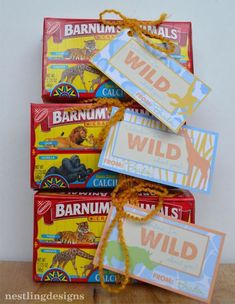 several candy bars tied together with twine on top of each other and labeled with the name barnum