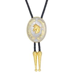 Elevate your Western ensemble with our Gold Horse Head Bolo Tie, a statement piece designed to exude elegance and distinction. Crafted with braided leather cords and zinc alloy accents, this 38" (96cm) bolo tie features a captivating pendant measuring 1.8" (4.5cm) x 2.3" (5.8cm), adorned with a majestic golden horse head.  Constructed with the finest materials, this bolo tie is built to withstand the test of time, ensuring both durability and style. The metal tips on the leather cord provide a r Adjustable Gold Western Bolo Ties, Western Style Gold Lariat Jewelry, Western Lariat Bolo Tie With Adjustable Length, Western Style Lariat Bolo Tie With Adjustable Length, Gold Western Bolo Tie, Adjustable Gold Concho Jewelry, Vintage Gold Jewelry For Rodeo, Lariat Bolo Tie With Adjustable Length For Western-themed Events, Adjustable Western Gold Jewelry