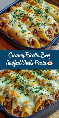 These Creamy Ricotta Beef Stuffed Shells are a deliciously comforting pasta dish filled with seasoned ground beef, creamy ricotta, and a blend of Italian cheeses. Baked to perfection in marinara sauce, this dish is perfect for family dinners, holiday gatherings, or any night you’re craving something indulgent and satisfying! Stuffed Ricotta Shells With Meat Sauce, Beef-stuffed Shells With Creamy Ricotta Filling, Turkey Stuffed Shells Recipe, Anniversary Food Ideas Romantic Dinners, Sausage And Ricotta Stuffed Shells, Italian Stuffed Shells With Meat, Creamy Ricotta Beef Stuffed Pasta Shells, Ricotta Beef Stuffed Shells, Stuffed Shell Pasta Recipes