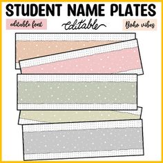 the student name plates are lined up in different colors and sizes, with polka dots on them