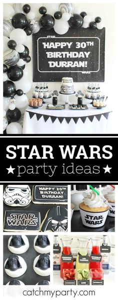 star wars birthday party with black and white decorations, desserts, and food items