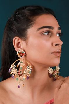 22kt gold plated earrings embellished with kundan stones and blue beads. - Aza Fashions Jewellery Earrings, Gold Plated Earrings, Blue Beads, Aza Fashion, Stone Jewelry, Base Colour, Online Jewelry, Jewelry Earrings, Beads