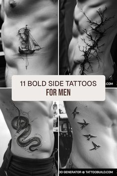 some tattoos that are on the side of a man's stomach and chest, with birds