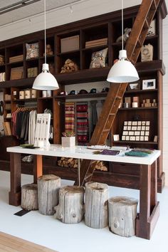 a room that has some kind of table in it with stools on the floor