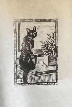 a black and white drawing of a cat sitting on a ledge next to a potted plant