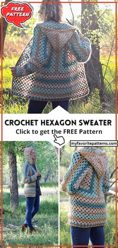 the crochet hexagon sweater is shown in three different pictures