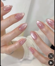 Almond Nails For Tan Skin, White Chrome Over Pink Nails, Pinky Nail Ideas, Girly October Nails, Shiny Neutral Nails, Marble Heart Nails, Clear Glass Nails Acrylic, Pink Nails For Bride, Light Pink Catseye Nails