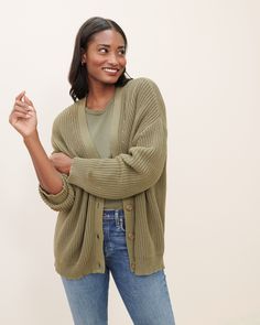 Cotton Cocoon Cardigan Sage Cotton Chunky Knit Sweater For Layering, Chunky Knit Cotton Sweater For Layering, Cozy Relaxed Fit Ribbed Cardigan, Casual Ribbed Cardigan With Relaxed Fit, Casual Textured Knit Outerwear For Everyday, Versatile Knit Cardigan, Cozy Ribbed Outerwear With Relaxed Fit, Cozy Ribbed Relaxed Fit Outerwear, Cozy Knit V-neck Sweater In Relaxed Fit