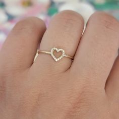 Diamond Heart Ring, 14K Solid Gold Open Heart Ring, 0.09 Ctw Natural Diamond Band, Promise Ring, Heart Shape Ring, 14k White Gold Ring - Gold KT: 14K ( 18K White, Rose , Yellow and Platinum Available upon Request) - Heart Size: 7x7mm - Shank thickness 1.2mm - Round Diamonds: 18 Stones (1mm each ) - Total Diamond Weight : 0.09 Ct - Setting Type: Micro-Pave Setting - Finish: high polish We use only CONFLICT-FREE MINED DIAMONDS. This ring can be made in any ring size, please specify, when placing y White Gold Heart Ring With Single Diamond For Gift, Valentine's Day Single Diamond Ring In Fine Jewelry Style, 14k Gold Stackable Heart Cut Heart Ring, 14k Gold Heart Ring With Single Diamond For Promise, 14k Gold Heart Ring With Single Diamond For Gift, 14k Gold Heart Cut Stackable Rings In Minimalist Style, Heart Shaped Single Diamond Ring Fine Jewelry, Fine Jewelry Heart Shaped Single Diamond Ring, Stackable 14k Gold Heart Cut Heart Ring