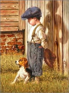 a painting of a little boy and his dog by a wooden fence in the grass