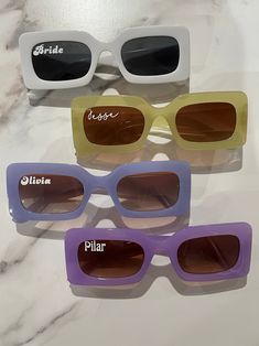 These personalized sunglasses are the perfect accessory for any party or event. The perfect party favor or matching accessory for a Bachelorette Party, birthday party or any event! They come with a drawstring case. Let your creative juices flow and personalize with any name, word, or saying. *UV protection polarized lenses* Message me about bulk order pricing! Personalized Sunglasses, 90s Vibes, Matching Accessories, Retro Sunglasses, Bulk Order, Polarized Lenses, The 90s, Party Birthday, Perfect Party