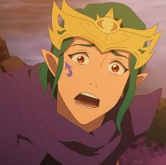 an anime character with green hair and gold crown on his head looking surprised at something in the distance