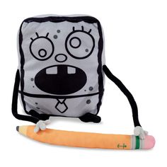 a pencil case with a cartoon character on it and an eraser next to it