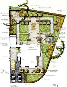 an architectural plan for a house with lots of trees and bushes on the side of it