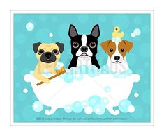 three dogs in the bathtub with soap bubbles and rubber ducky on blue background