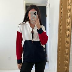 Cute Red, White, And Blue Tommy Hilfiger Hoodie ¾ Zip Up Neck Detail Front Pocket Pouch Dolman Sleeves Gives A Slight Over Size Look New Without Tags Offers Welcome. Model Is Normally A Xs/S In Tops, 23-24/00 In Pants, 32a, 5’2” Tall. Tommy Hilfiger Long Sleeve Streetwear Tops, Tommy Hilfiger Casual Hoodie Top, Tommy Hilfiger Fall Hoodie, Casual Tommy Hilfiger Hoodie Top, Tommy Hilfiger Sweatshirt Outfit, Casual Tommy Hilfiger Hoodie, White Half-zip Casual Hoodie, Tommy Hilfiger Long Sleeve Sweatshirt For Streetwear, Tommy Hilfiger Streetwear Sweatshirt