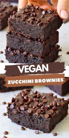 vegan zucchini brownies stacked on top of each other with chocolate chips