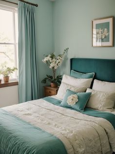 a bedroom with blue and white bedding, flowers on the headboard, and green drapes