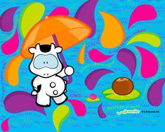 a cartoon cow is holding an umbrella in the air with colorful shapes around it and a ball on the ground