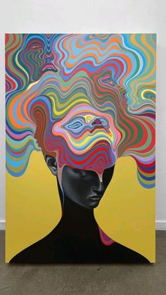 an abstract painting of a woman's head with multicolored hair