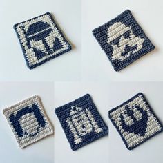 four crocheted coasters with different designs on them, one is blue and the other is white