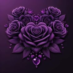 purple roses are arranged in the shape of a heart on a dark background with diamonds