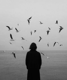 black and white photograph of a person looking at seagulls flying in the sky