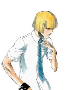 an anime character wearing a white shirt and blue tie with his hands on his hips